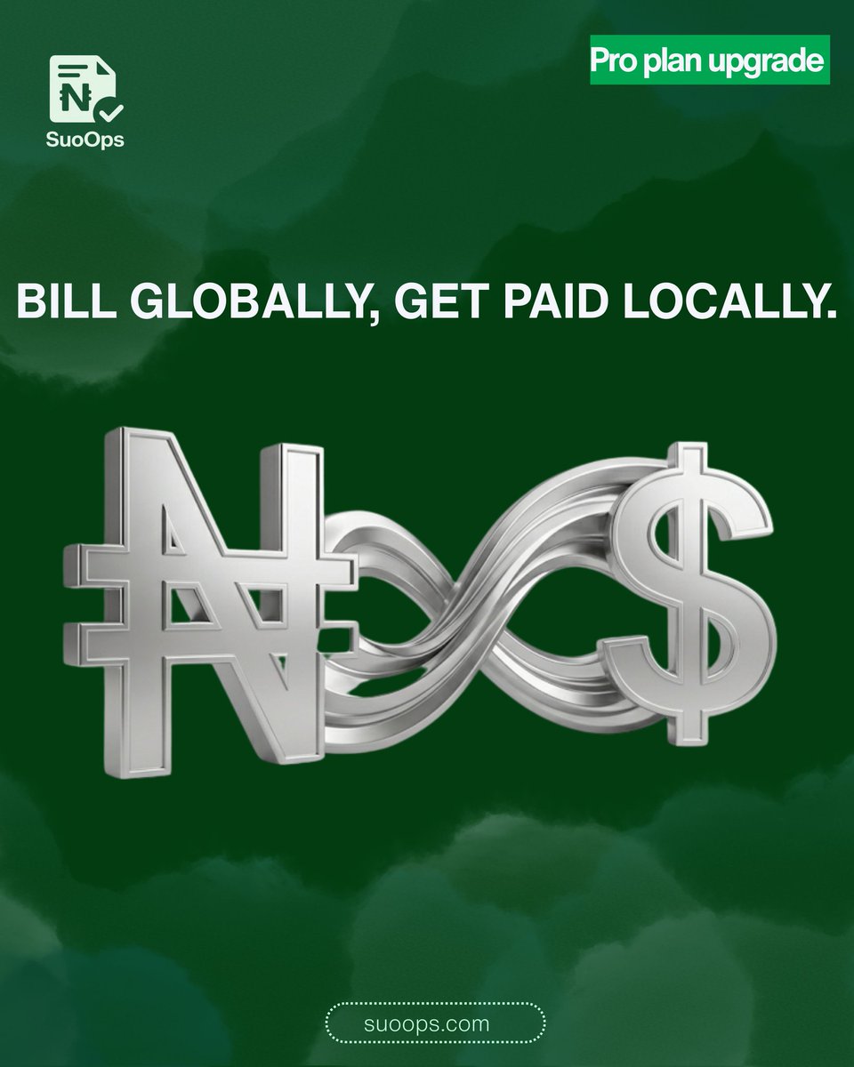 Suoops4's tweet image. The world is your market—don't let borders stop your hustle. 🌍

​Bill international clients in USD, GBP, or EUR and get paid locally with the SuoOps Pro Plan. Global reach, local comfort. 🚀

​Upgrade now: suoops.com
​#SuoOps #GlobalBusiness #FinTech #ScaleUp #Lagos