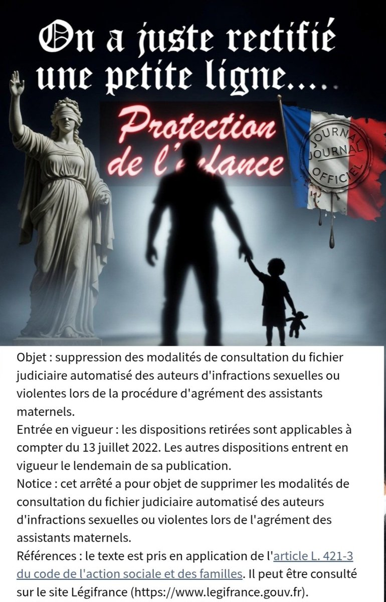 🚨Alerte!🚨
Protection de l’enfance : 
On a juste rectifié une petite ligne pour que ce soit plus fluide… et que les prédateurs entrent en toute discrétion. 🐍 Rien que ça. 

Quand on rend volontairement plus opaque la découverte d’antécédents pédophiles chez une assistante