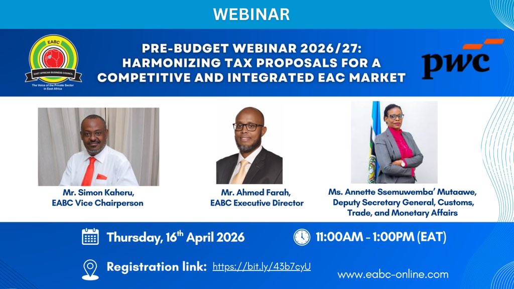 EABCjumuiya's tweet image. Join EABC &amp;amp; PwC's EAC Pre-Budget Webinar 2026/27! 📊 Theme: Harmonizing Tax Proposals for a Competitive EAC Market. 📆 April 16, 11AM EAT. Register: bit.ly/Pre-Budget_Web… 

#EAC #Taxation #Business