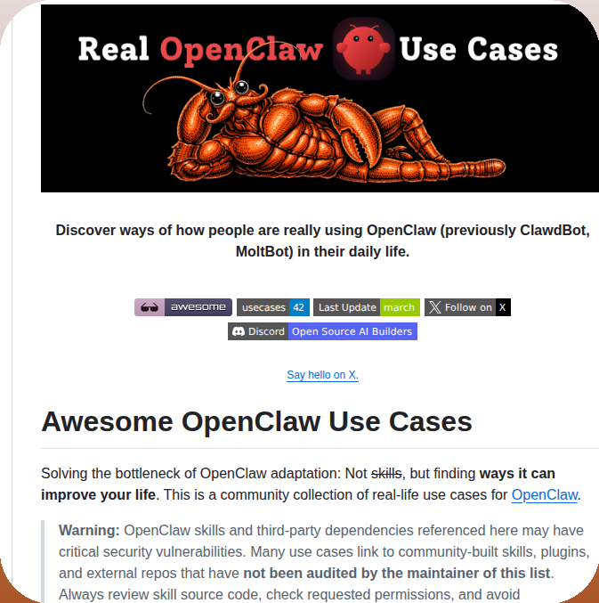 tom_doerr's tweet image. Real-world use cases for OpenClaw AI agents

github.com/hesamsheikh/aw…
