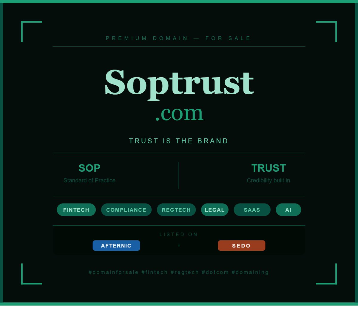 jatte_mohamed's tweet image. Soptrust.com — trust is the brand. Perfect for fintech, legal &amp;amp; compliance platforms. Listed on Afternic &amp;amp; Sedo. DM me. #domainforsale #fintech #dotcom #domaining