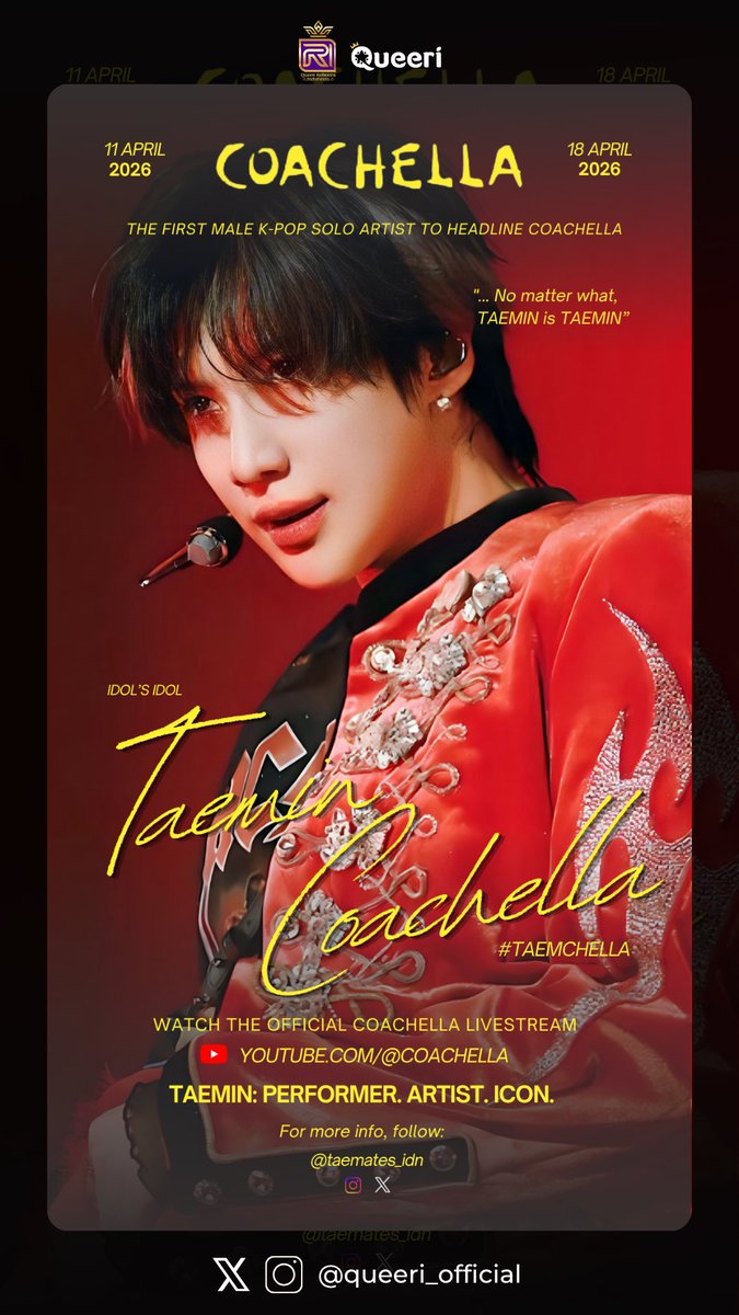Ad Material for #SHINEE #TAEMIN
Support Fans 

"TAEMIN COACHELLA 2026 #TAEMCHELLA "

Ad Location: TV Lift Jogja City Mall, Yogyakarta 
Ad Period: April 13-19, 2026

credit <a href="/taemates_idn/">Taemates Indonesia 🇮🇩</a> 

#Queeri #Queeri_Vote