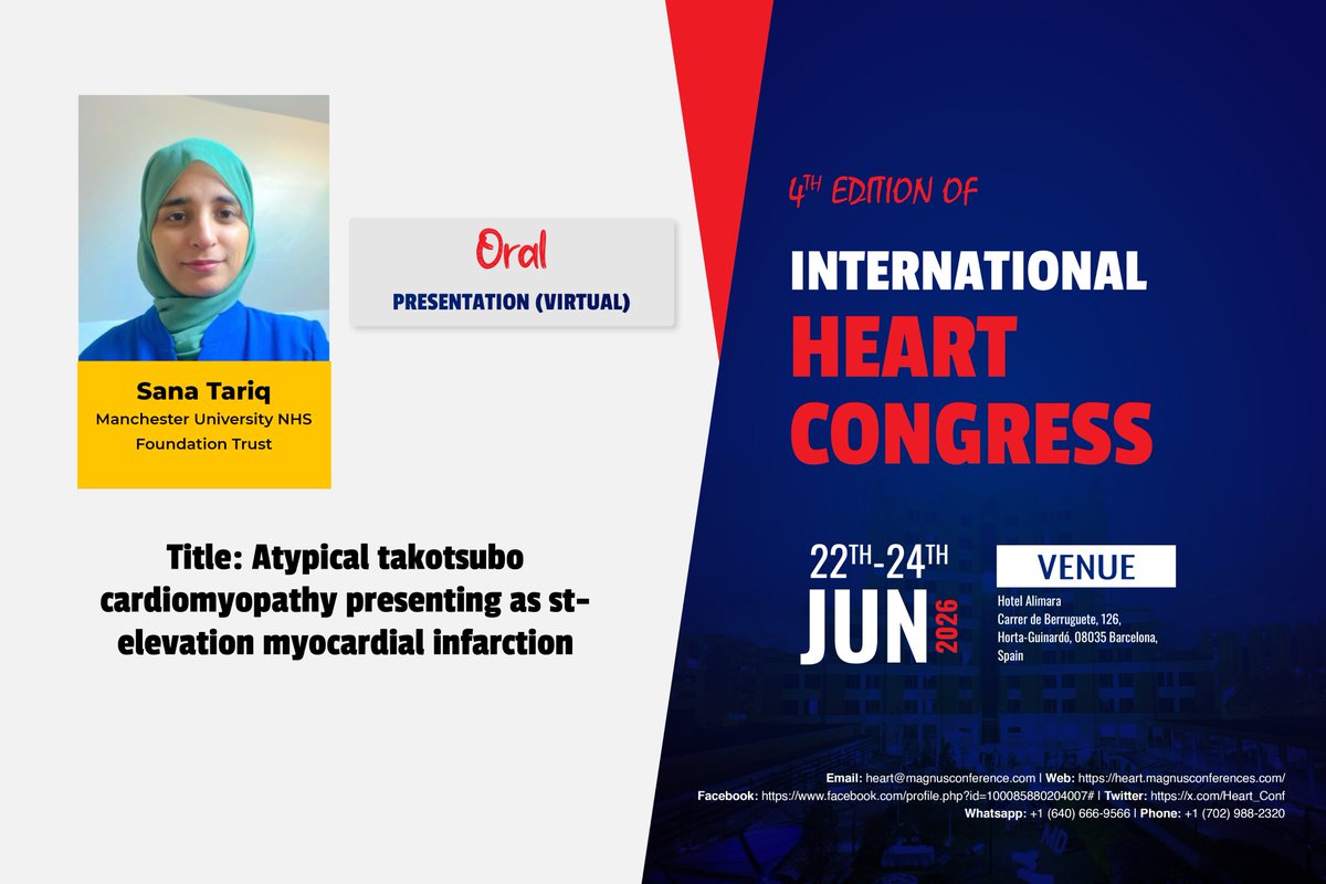 Heart_Conf's tweet photo. We are thrilled to announce #SanaTariq from Manchester University NHS Foundation Trust, United Kingdom will be delivering a Speaker Talk at @Heart_Conf by @magnus_group! Don't miss this incredible opportunity!❤️
Dates: June 22 -24, 2026
Venue: Barcelona, Spain
#HeartCongress2026 https://t.co/T4fAVqtufc