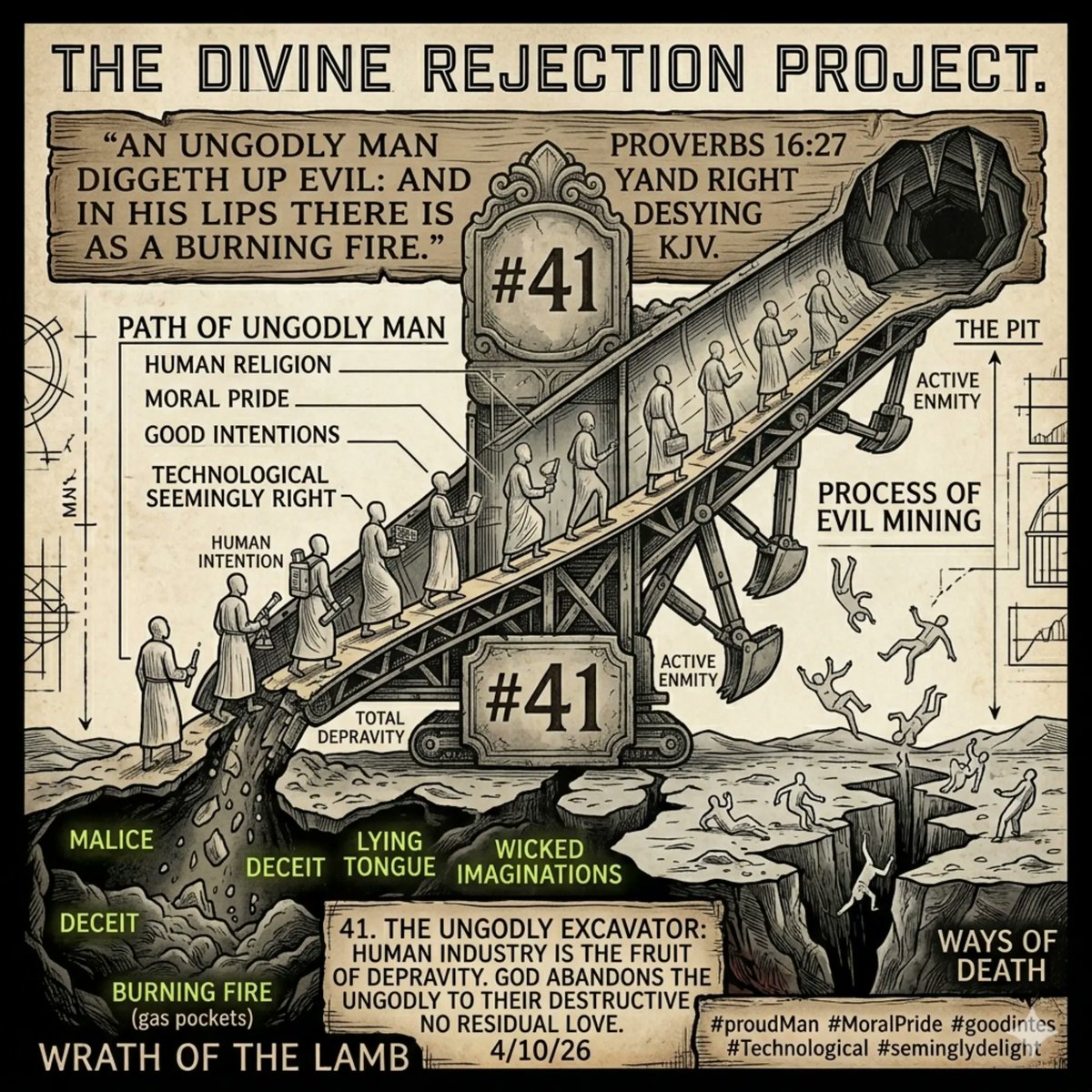 AbiWBC's tweet photo. #TheDivineRejectionProject #Day41 #SovereignGrace #DivineJustice #KJV
The Divine Rejection Project Day 41, 4/10/26
Proverbs 16:27: The ungodly man is an industrious excavator of evil. He doesn't stumble into sin; he mines for it. https://t.co/9uJeF4HfoB