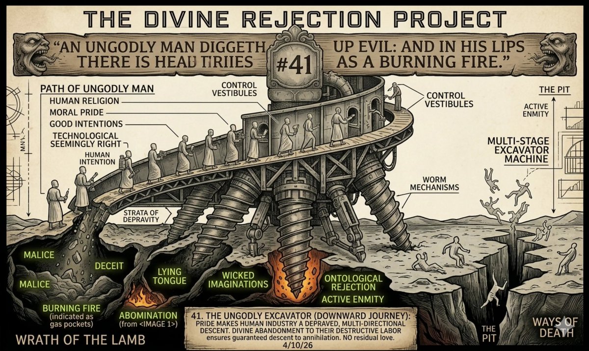 AbiWBC's tweet photo. #TheDivineRejectionProject #Day41 #SovereignGrace #DivineJustice #KJV
The Divine Rejection Project Day 41, 4/10/26
Proverbs 16:27: The ungodly man is an industrious excavator of evil. He doesn't stumble into sin; he mines for it. https://t.co/9uJeF4HfoB