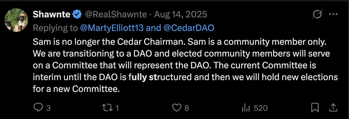Is Shawnte Thompson really going to continue to lie to the Cedar DAO community that the committee was not created on an interim basis to deliver a very specific mandate?