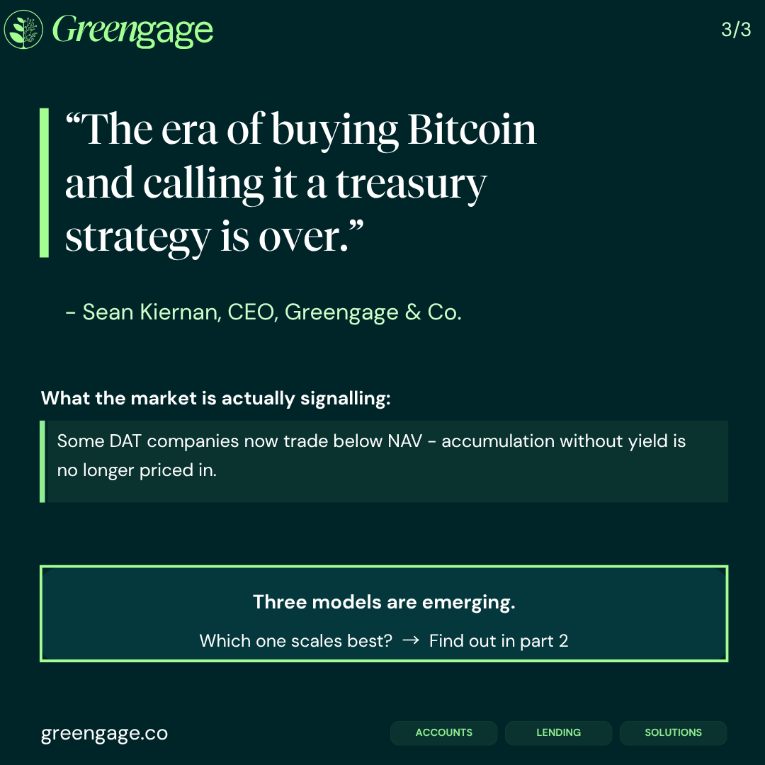 sidebar_bur's tweet photo. DAT holdings topped $240B in 2025.

The market cap of the companies holding them never kept pace.

That gap is the entire argument for yield.
Part 1 of 4 on why the accumulation era is over - and what replaces it.

#DigitalAssets #CorporateTreasury #DAT20 https://t.co/wEOL2nQsM6