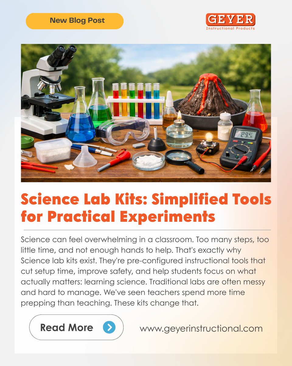 GeyerClassroom's tweet image. Science Lab Kits Simplified Tools for Practical Experiments

Less setup. More science. 🔬✨
Make labs faster, safer, and easier so students focus on real learning.

👉 geyerinstructional.com/blog/balances-…

#STEMEducation #ScienceLab #TeacherLife #EdTech #HandsOnLearning