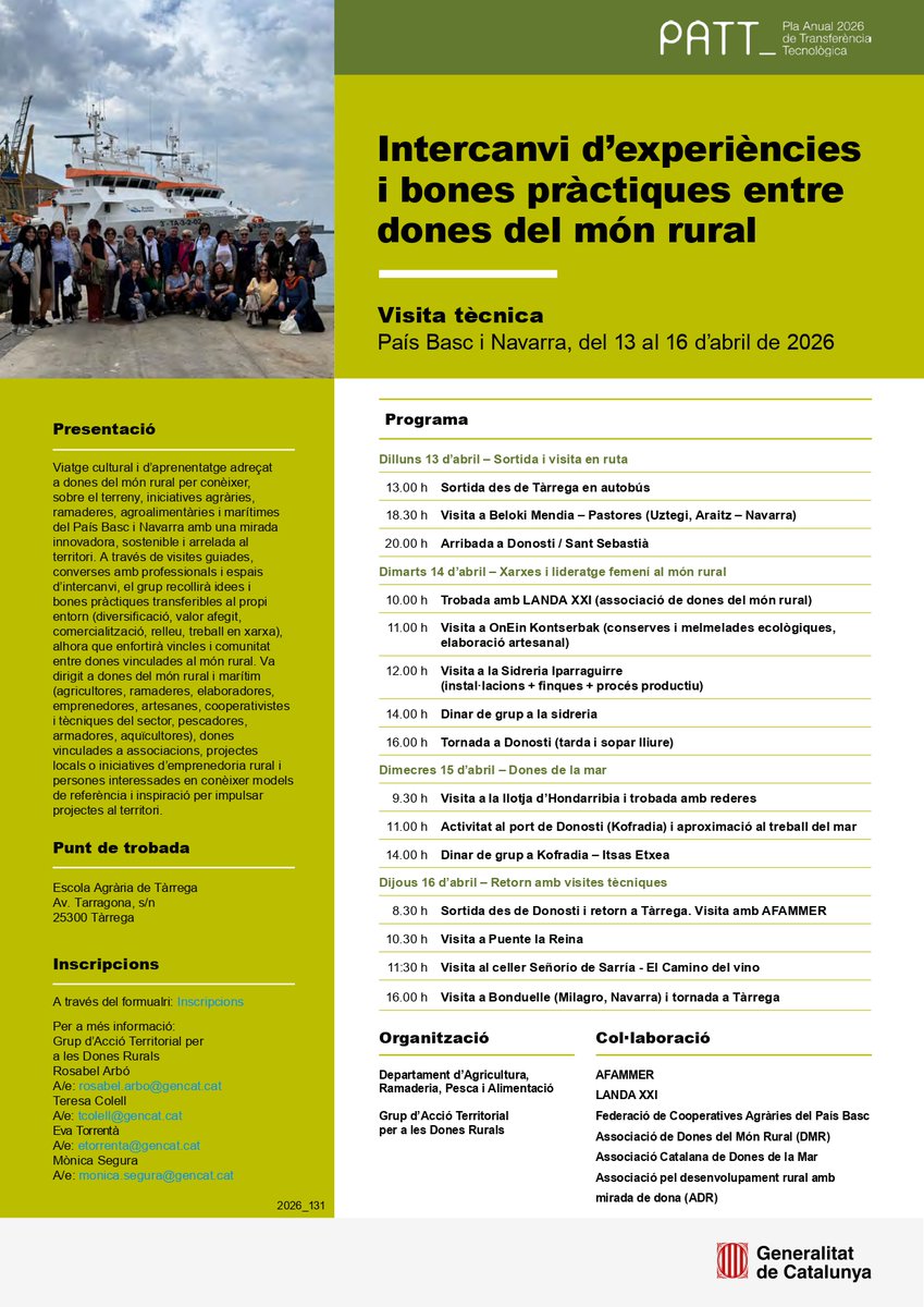 ruralcat's tweet photo. 📌Jornada Tècnica: Intercanvi d’experiències i bones pràctiques entre dones del món rural #PATT2026 
📍País Basc i Navarra
🗓️ 13-16 d'abril del 2026 
🕘13.00-h
https://t.co/ygv5QxIx8z @agriculturacat https://t.co/MwAk0S1CAd