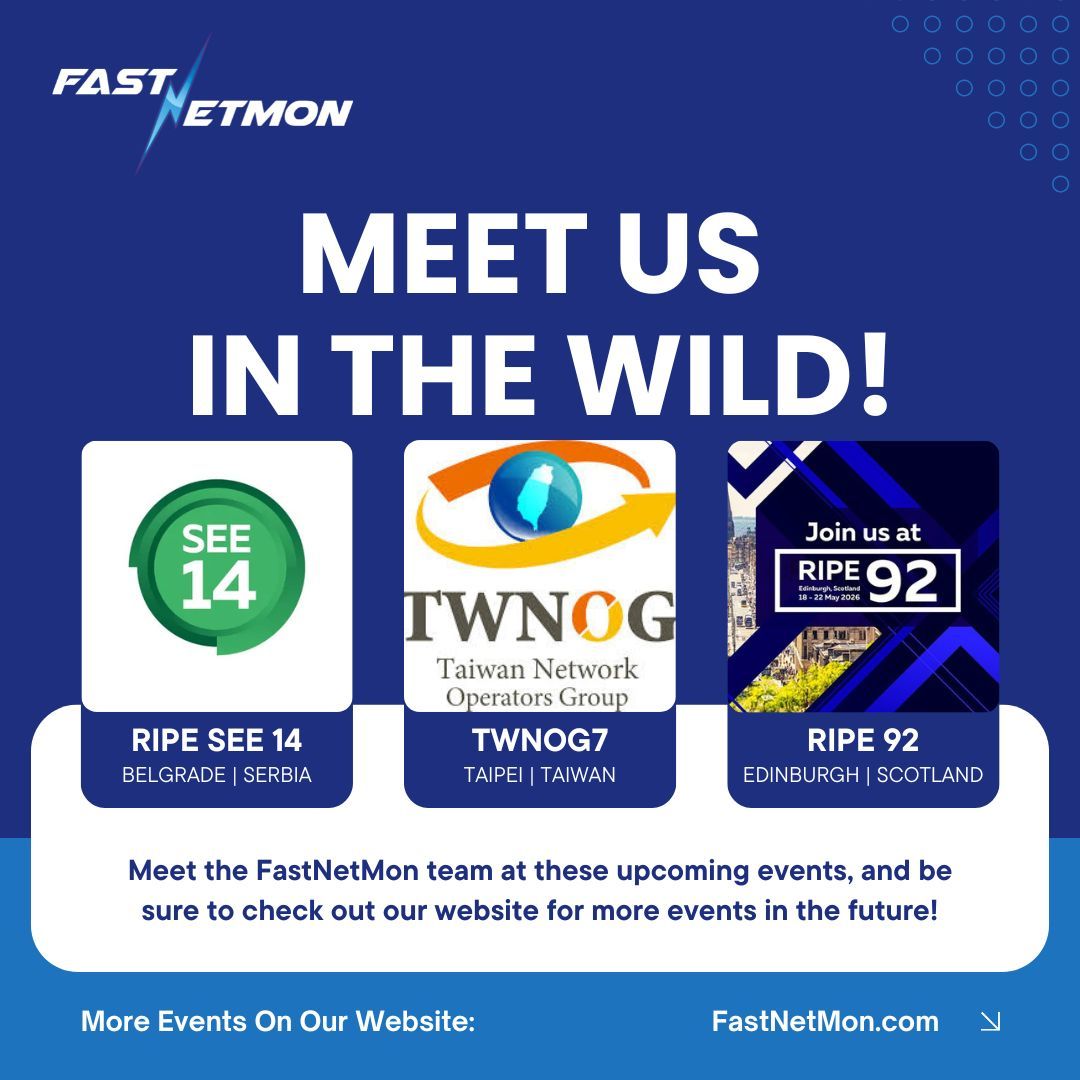FastNetMon's tweet photo. Want to meet the FastNetMon team in the wild?! 

Check out some of the events we will be attending in the near future. 
Be sure to check out all upcoming events on our website 
https://t.co/5vIJ7Swq4f 

We look forward to connecting with you!

#FastNetMon #DDoSDetection https://t.co/QAbVaDewqQ