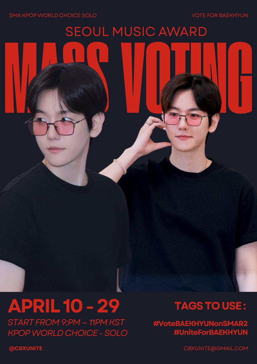🚨𝗦𝗠𝗔 𝗠𝗔𝗦𝗦 𝗩𝗢𝗧𝗜𝗡𝗚 🚨

We are calling all BBHLs/CBXLs to join our Mass Voting on IDOL CHAMP for KPOP WORLD CHOICE SOLO 

Kindly collect ruby chamsim, and prepared your account for the mass voting later. Our mass voting will start 9PM-11PM KST 

#VoteBAEKHYUNonSMAR2