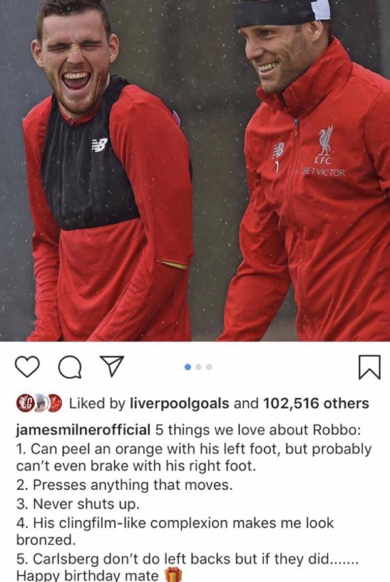 Livin_Liverpool's tweet image. Back when James Milner wished Robbo a happy birthday and listed 5 things he loved about Robertson. 

The 5th one…😅🔙