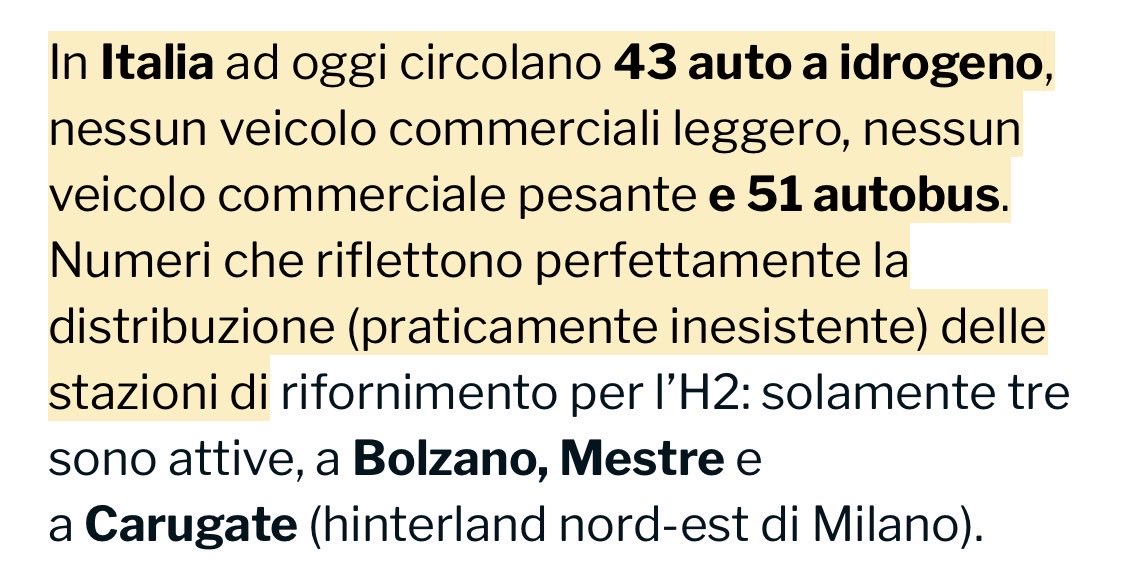 E oooppllaaaà, nel bel mezzo di una crisi dei carburanti e un destino disastroso, l’#UE finanzia l’Italia di 6 miliardi per agevolare l’utilizzo dell’idrogeno nei trasporti. Per la cronaca e le bestemmie, in Italia circolano solo 43 auto e 51 autobus a idrogeno. 
(CIAO FESSI)