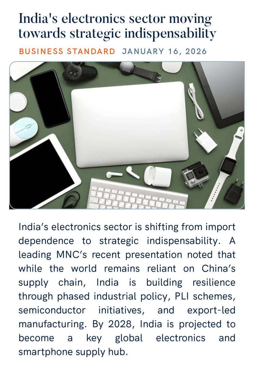 zahidpatka's tweet image. Kudos PM @narendramodi Ji Govt 
#MakeInIndia #MakeForWolrd 
#PLIScheme 
INDIA TO BE GLOBAL ELECTRONICS MANUFACTURING HUB 
India's electronics sector moving towards strategic indispensability to become export and supply chain led business-standard.com/industry/news/…
@PMOIndia