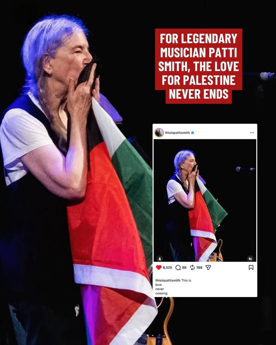 Legendary musician Patti Smith shared an image of herself kissing the Palestinian flag on stage.