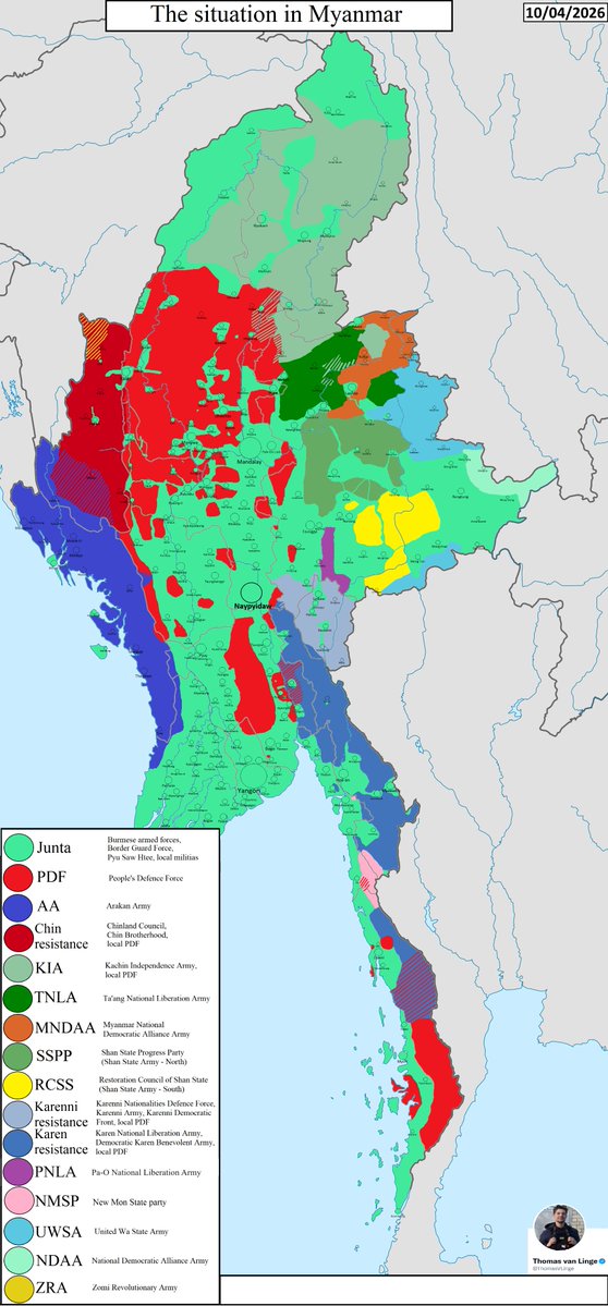Myanmar 🇲🇲 MAP UPDATE: the situation in Myanmar as of 10/04/2026. This past month fighting erupted between the MNDAA and TNLA in northern Shan state, leading to capture of Kutkai by the MNDAA.

A ceasefire is currently in place but negotiations on a true settlement are still