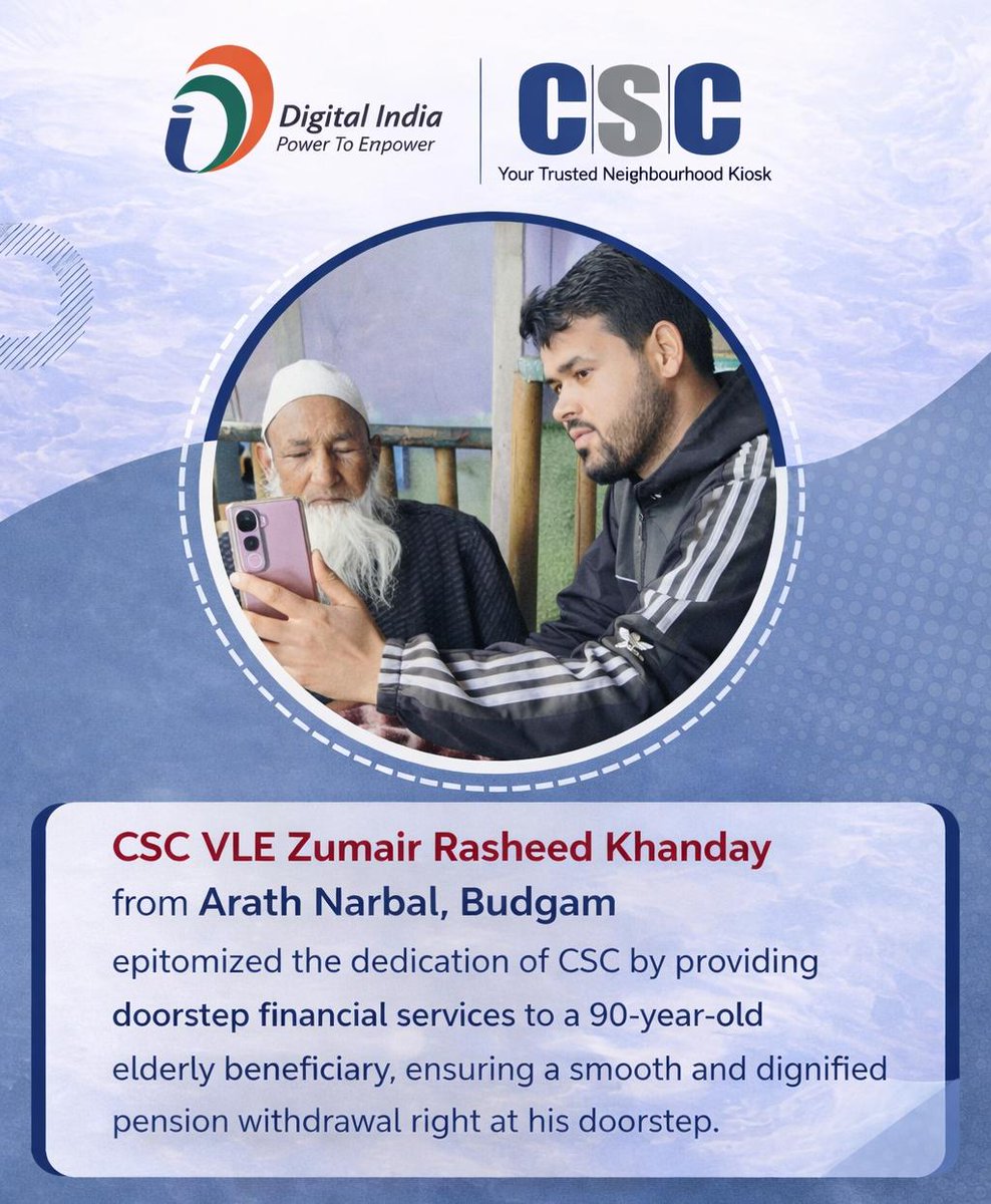 CSC VLE Zumair Khanday from Narbal, Budgam enabled a 90-year-old beneficiary to withdraw his pension smoothly at his doorstep. A true example of how CSC VLEs ensure accessible, dignified financial services for every citizen. <a href="/CSCegov_/">CSCeGov</a> <a href="/dr_piyushsingla/">Dr. Piyush Singla</a> <a href="/AtharAamirKhan/">Athar Aamir Khan</a> <a href="/dicbudgam/">Information & PR, Budgam</a>