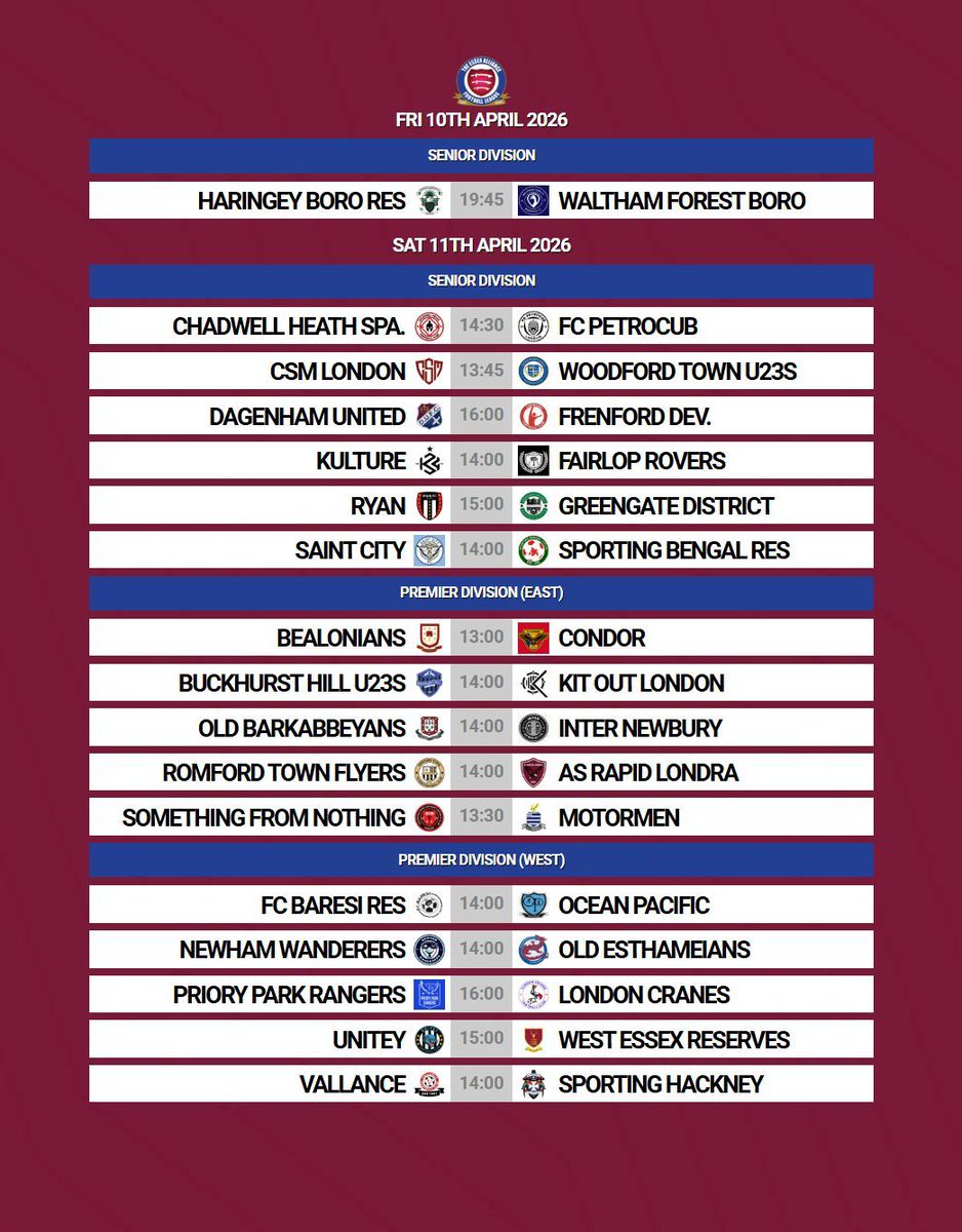 EssexAllianceFL's tweet photo. 𝙒𝙀𝙀𝙆𝙀𝙉𝘿 𝙋𝙍𝙀𝙑𝙄𝙀𝙒 / #Week34
The April action continues this weekend with two potential league titles to be determined, along with more semi-final action too
Good luck to all of our clubs in action 💪
#EAL https://t.co/6U0jJUH6Jz