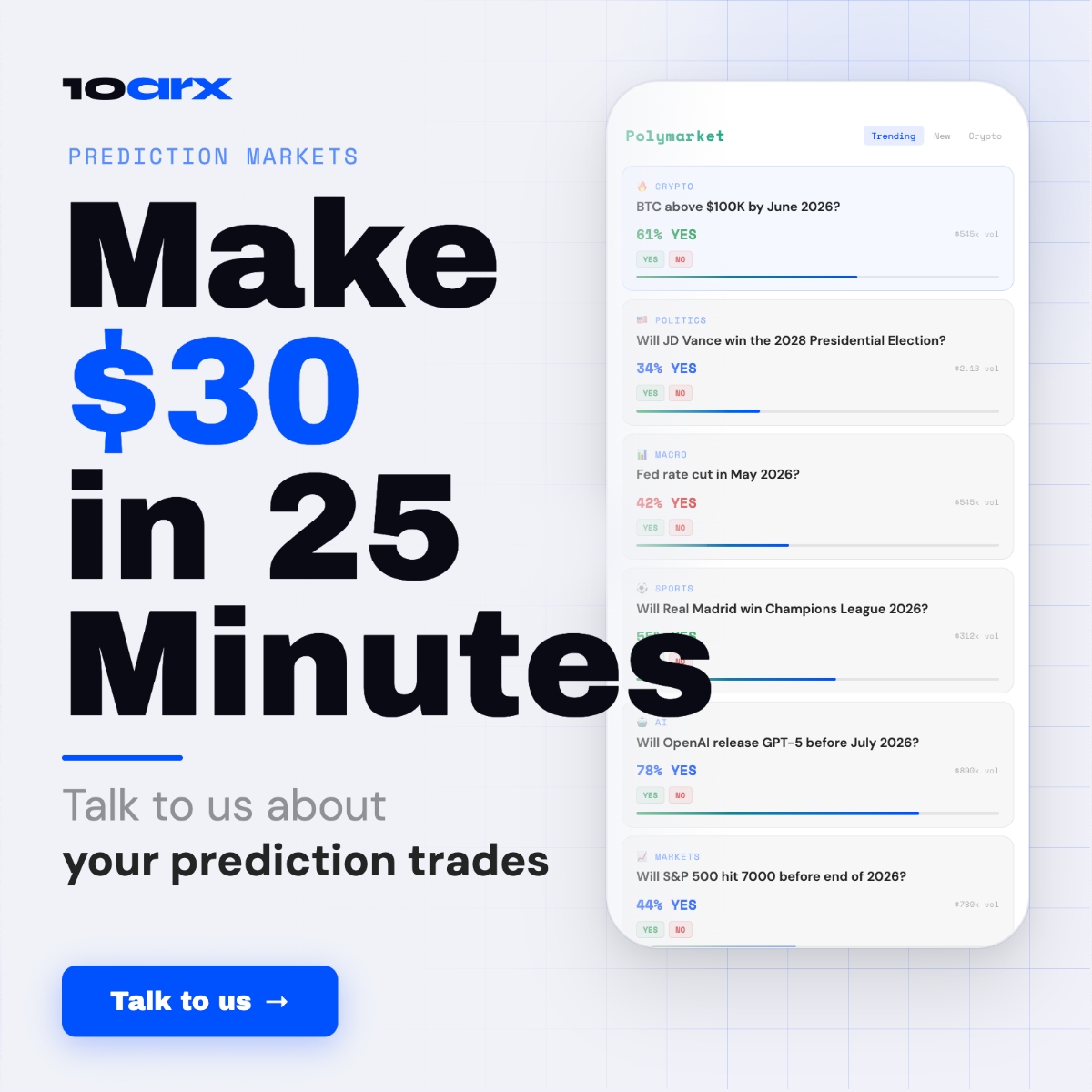 Calling Polymarket &amp; Kalshi traders! 10arx team wants to talk to you.
📞 25 min call → 30 USDT.
📌 50 spots. 1 week only.

Tell us about your usage - what's broken, what's missing, how you actually trade.
We're building an AI-native terminal for prediction markets - and we want