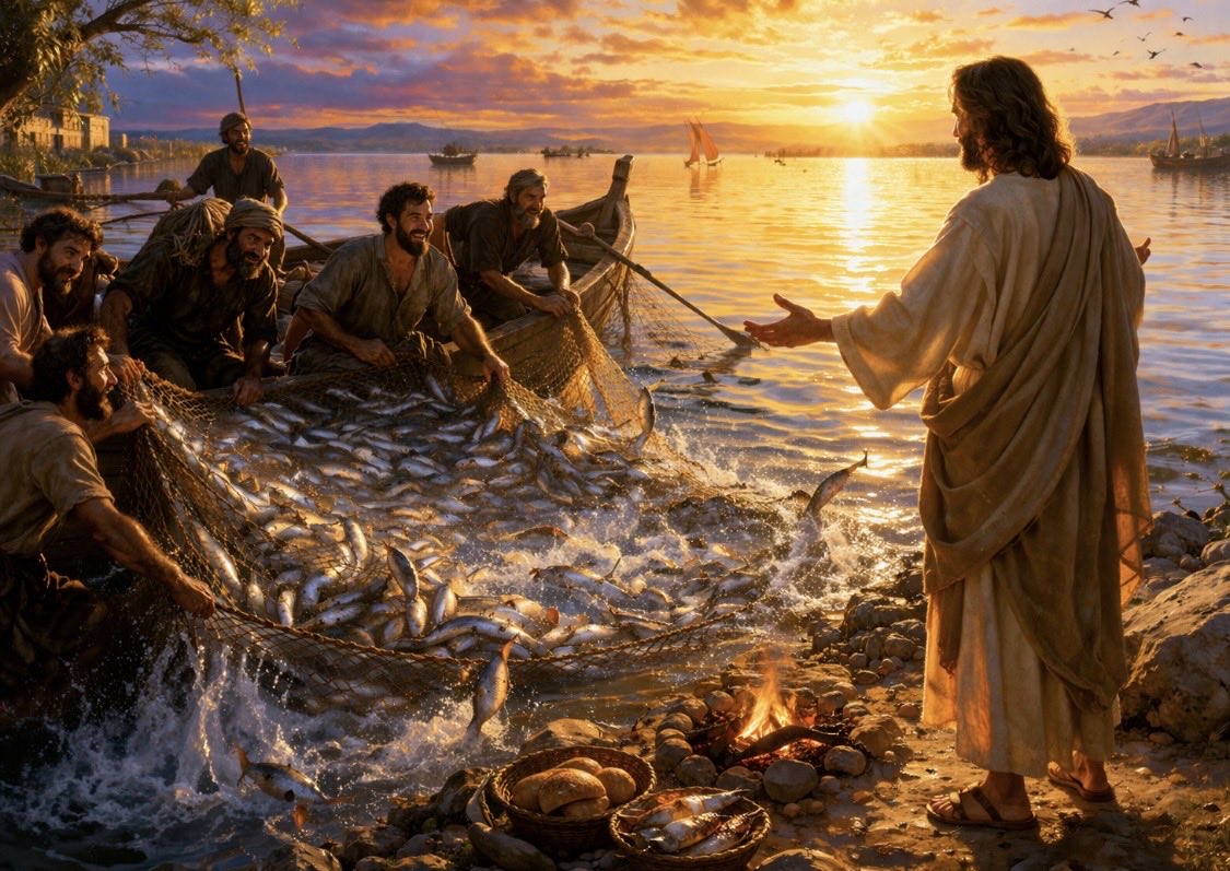 ¿Has remado toda la noche sin atrapar nada?
Hay mañanas en que el amanecer huele a fracaso. Pero alguien espera en la orilla con brasas encendidas — y sabe exactamente dónde está lo que buscas.
El Resucitado no llega cuando ya ganaste. Llega cuando estás vacío, mojado y sin