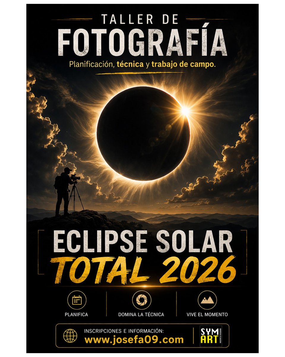 josefacal02's tweet photo. 🚨 QUEDAN POCAS PLAZAS
🌑 Este domingo aprende a fotografiar el eclipse solar total del 12 agosto 2026.

📅 Clase online: domingo 12 abril · 19h
📅 Práctica Berninches: domingo 26 abril · 18:30h

💰 Desde 15€
🌐 https://t.co/gzHj7rU2Gd

#EclipseSolar2026 #TallerFotografía https://t.co/jL0i6XIkQs