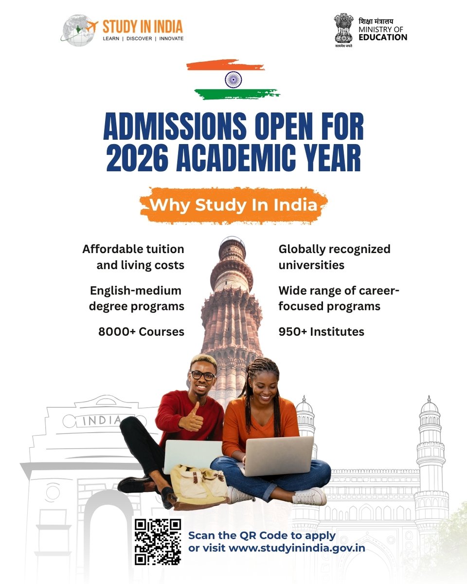 StudyInIndiaGov's tweet photo. 🎓 Admissions Open for 2026!

8000+ courses | 950+ institutes | Global opportunities 🌍

Start your journey with Study in India today.
🔗 https://t.co/lhmzppB8Yo

#StudyInIndia #Admissions2026 #GlobalEducation @EduMinOfIndia https://t.co/nnSqorp4uc