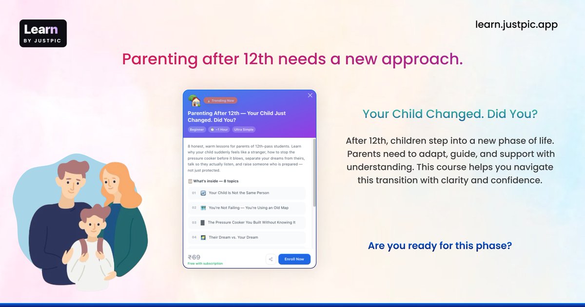 JustPicNetwork's tweet photo. New choices. New pressures.

New responsibilities.

Start learning today and support your child the right way.

https://t.co/fIWRIwm5CU

#LearnByJustPic #LearningPlatform #Elearning #EnrolToday #StartLearning #Parenting  #CareerGuidance #EdTech #Learning #ParentSupport #Growth https://t.co/d2483AmfHA