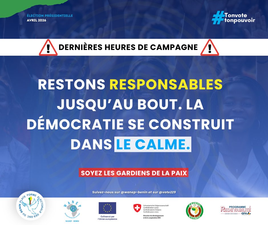 Vote_229's tweet image. Présidentielle 2026: 

Citoyen•nes, cher•es candidat•es, la démocratie se construit dans le calme, à travers le dialogue, la tolérance et le respect mutuel. 

#vote229 #Presidentielle2026 @DDCBenin