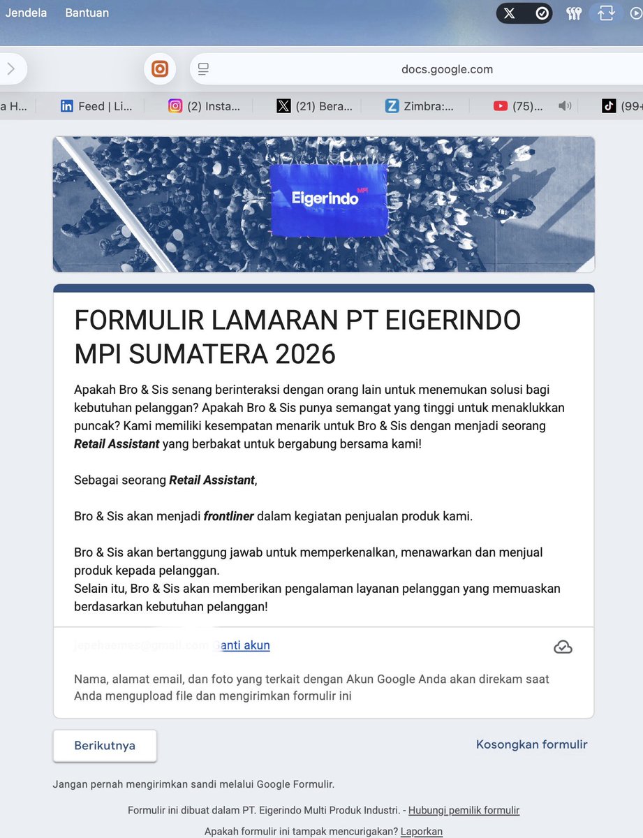 disnaker_babel's tweet photo. info Loker EIGER TanjungPandan

untuk posisi Retail Asistant penempatan Belitung-Tanjungpandan.
pendaftaran di Link https://t.co/ohpAXVO5k0

https://t.co/nRuTUT6djp

#disnakerbabel https://t.co/7Y6K8qiI1K