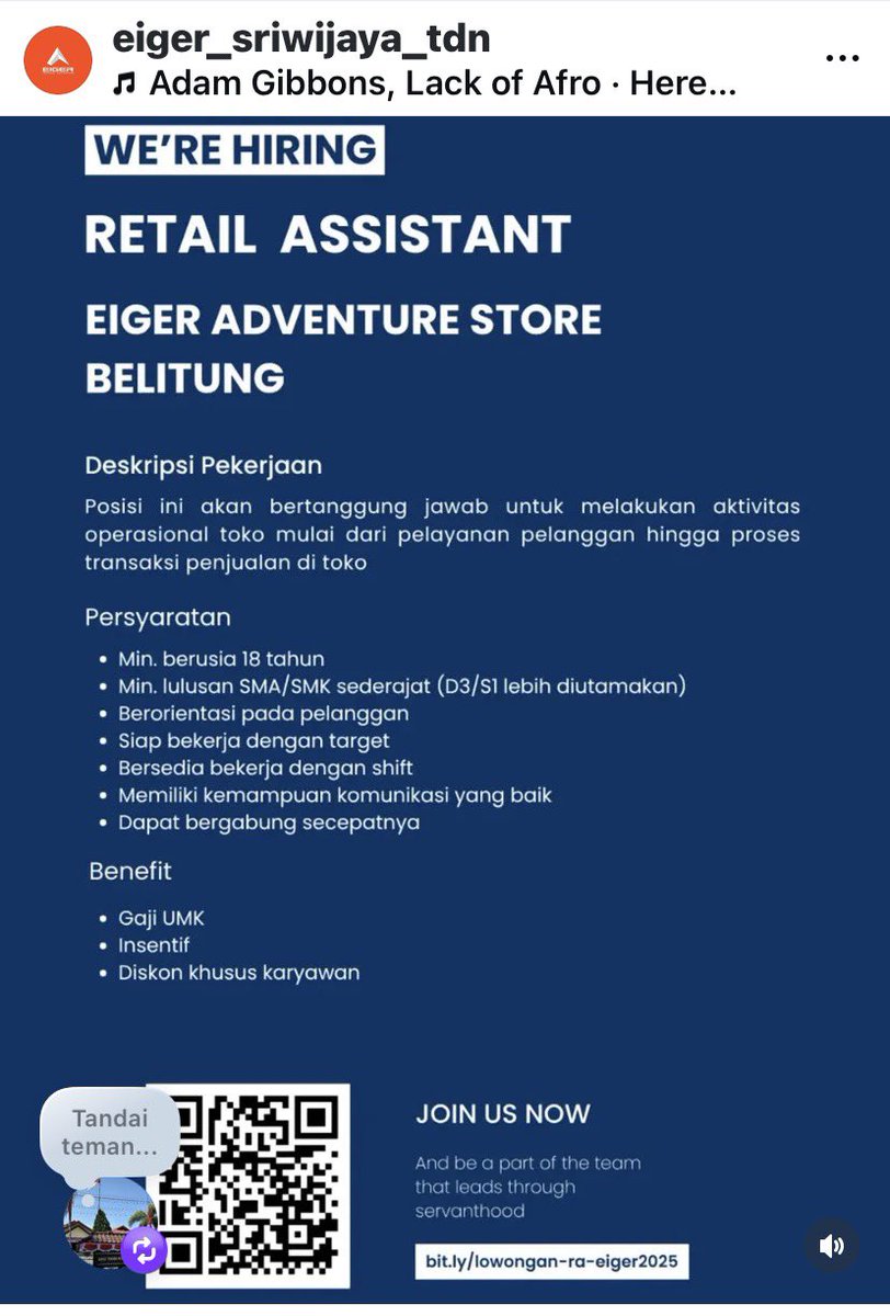 disnaker_babel's tweet photo. info Loker EIGER TanjungPandan

untuk posisi Retail Asistant penempatan Belitung-Tanjungpandan.
pendaftaran di Link https://t.co/ohpAXVO5k0

https://t.co/nRuTUT6djp

#disnakerbabel https://t.co/7Y6K8qiI1K