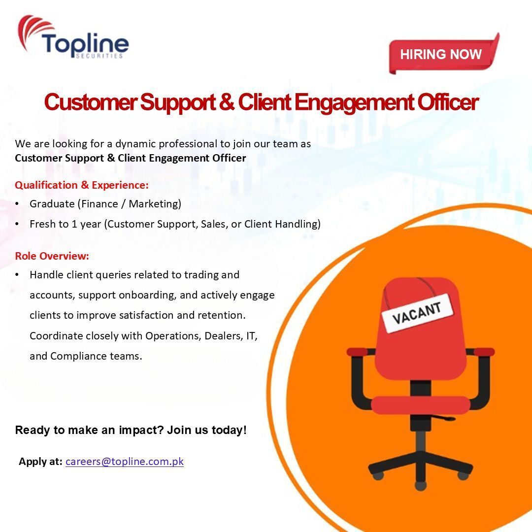 toplinesec's tweet image. Topline Securities is Hiring!

Topline Securities is looking for a Customer Support &amp;amp; Client Engagement Officer to join our dynamic team

For more details, refer to the poster. Apply now to be part of our exciting journey!

#Customersupport #hiring #vacancy