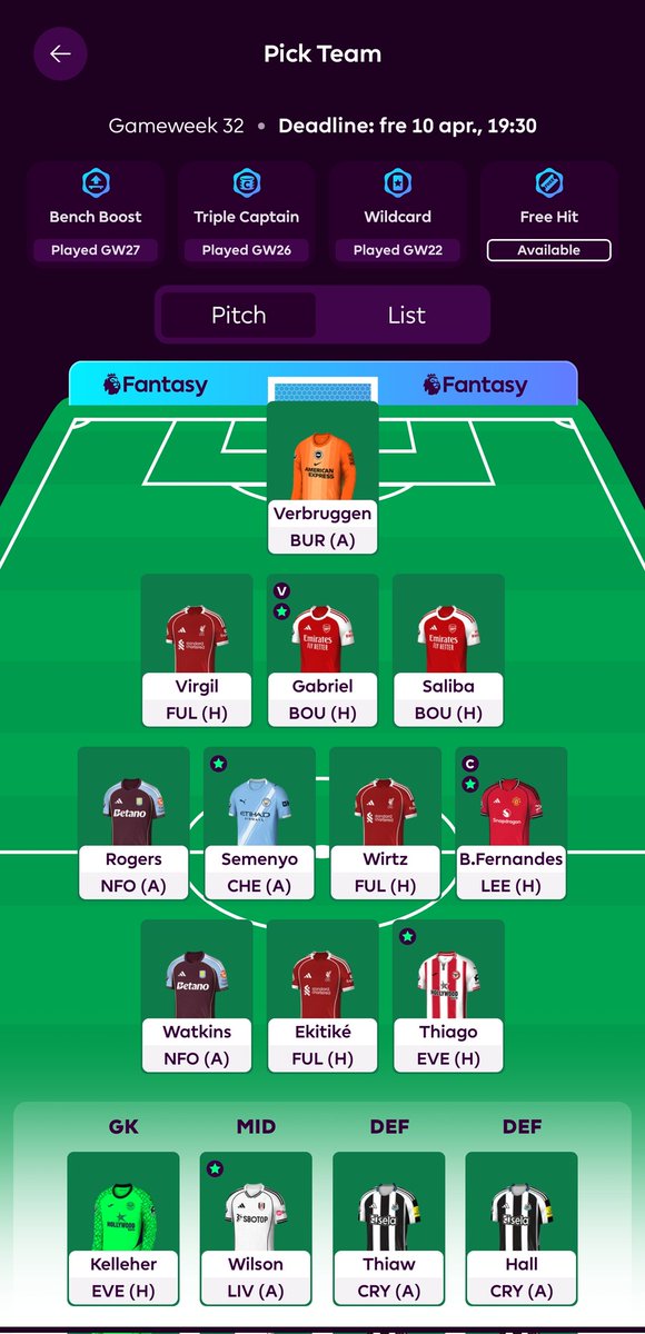 turboanka's tweet photo. @fplsverigetv @JohnsonBjorn @Hankdylan @SabriAlexander1 Byta in Cunha/Mbuemo istället för Rodgers(?)
FH 33 är planerat. 2st fria byten, 2.9M på banken https://t.co/oAvuW8uRJq