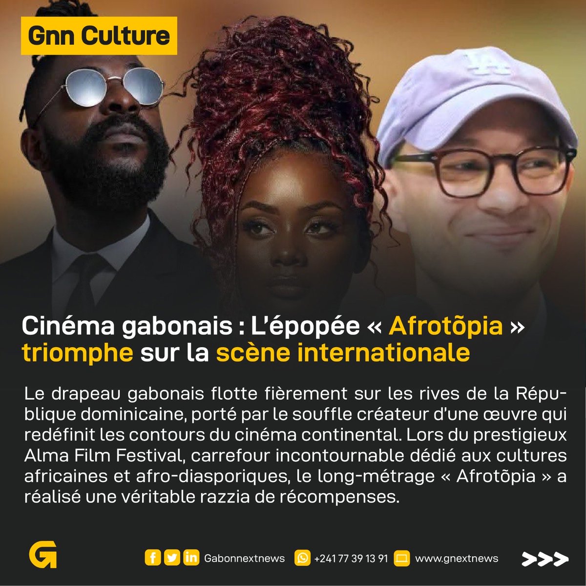 GabonNextNews's tweet photo. Le couronnement suprême est venu avec l’obtention du *Pangaea Award – Best in Show*, consacrant « Afrotõpia » comme le meilleur film du festival. Ce prix d’excellence est complété par une reconnaissance individuelle sans appel
 𝗔𝗻𝗻𝗼𝗻𝗰𝗲𝘀 → 𝟎𝟕𝟕𝟑𝟗𝟏𝟑𝟗𝟏 https://t.co/xc4AerezXz