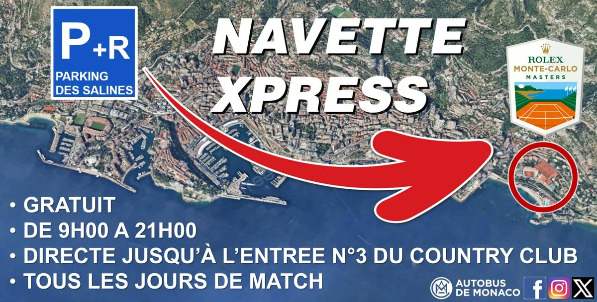 AutobusMonaco's tweet photo. À l'occasion du ROLEX TENNIS MASTERS, la CAM effectue des navettes gratuites et directes au départ du parking des Salines et en direction du MONTE-CARLO COUNTRY CLUB de 9h00 à 21h00. https://t.co/O1TiK0f9BY