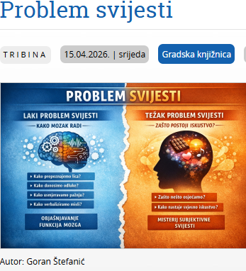 InstitutFilozof's tweet photo. Znanstvena tribina Eppur si muove: “Problem svijesti”, Gradska knjižnica, Multimedijalna dvorana, Trg Ante Starčevića 4, Zagreb, srijeda, 15. travnja 2026. u 18 sati. Sudjeluju: Pavel Gregorić, Nino Kadić, Hrvoje Nikolić.
https://t.co/Mvt75iNfWP https://t.co/RIfa7SoioY