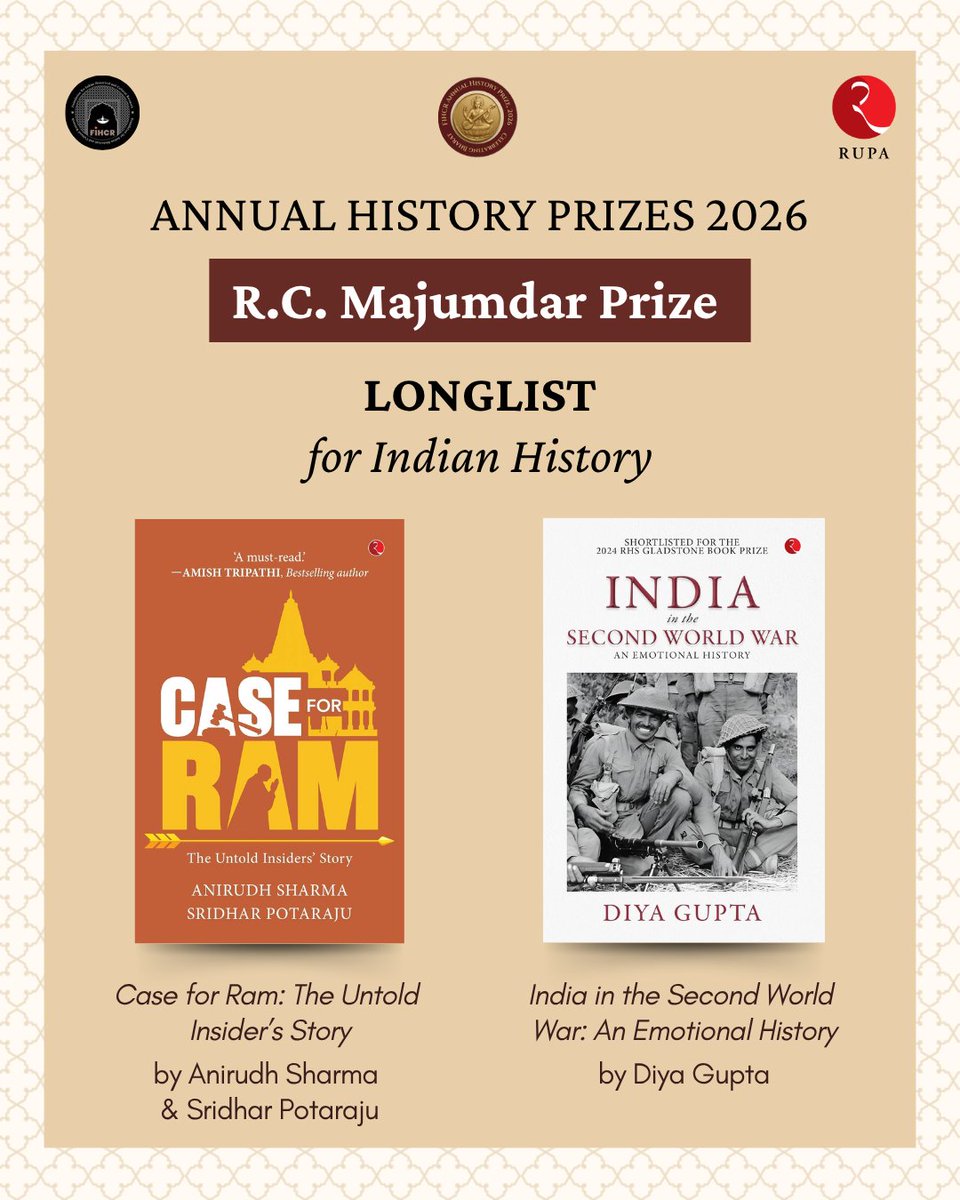 Rupa_Books's tweet photo. We’re delighted to share that our titles have been longlisted for the Annual Indian History Prizes 2026 by FIHCR.

Congratulations to all the authors on this well-deserved recognition.

@sunitapb

#Longlisted #RupaPublications #RCMajumdar #FIHCR #SLBhyrappa https://t.co/H7yF0yCGkY