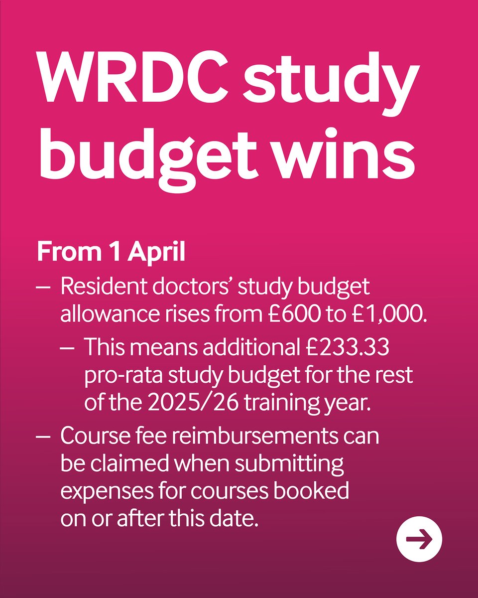 BMA_WRDC's tweet photo. 🙌WRDC Win!
📕As part of the resident doctor and dentist contract reform package, we’ve secured the following reforms to study budget for all residents regardless of whether they move to the new contract.⬇️ https://t.co/9UrwTZ4HbC