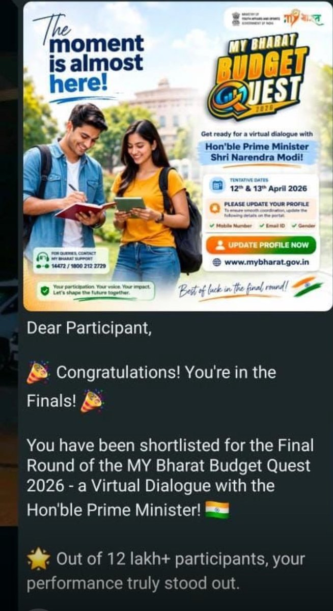 BCASDU's tweet photo. Proud moment . Ayus Amrit Das (https://t.co/OWnToh6ag2 H Zoology, 3rd Year) has been shortlisted for Final Round of MY Bharat Budget Quest 2026, a National Virtual Dialogue with Hon’ble PM ⁦@narendramodi⁩ 🇮🇳 Selected from over 12 lakh participants! #MyBharat @delhiuni https://t.co/LQBNs72gyg