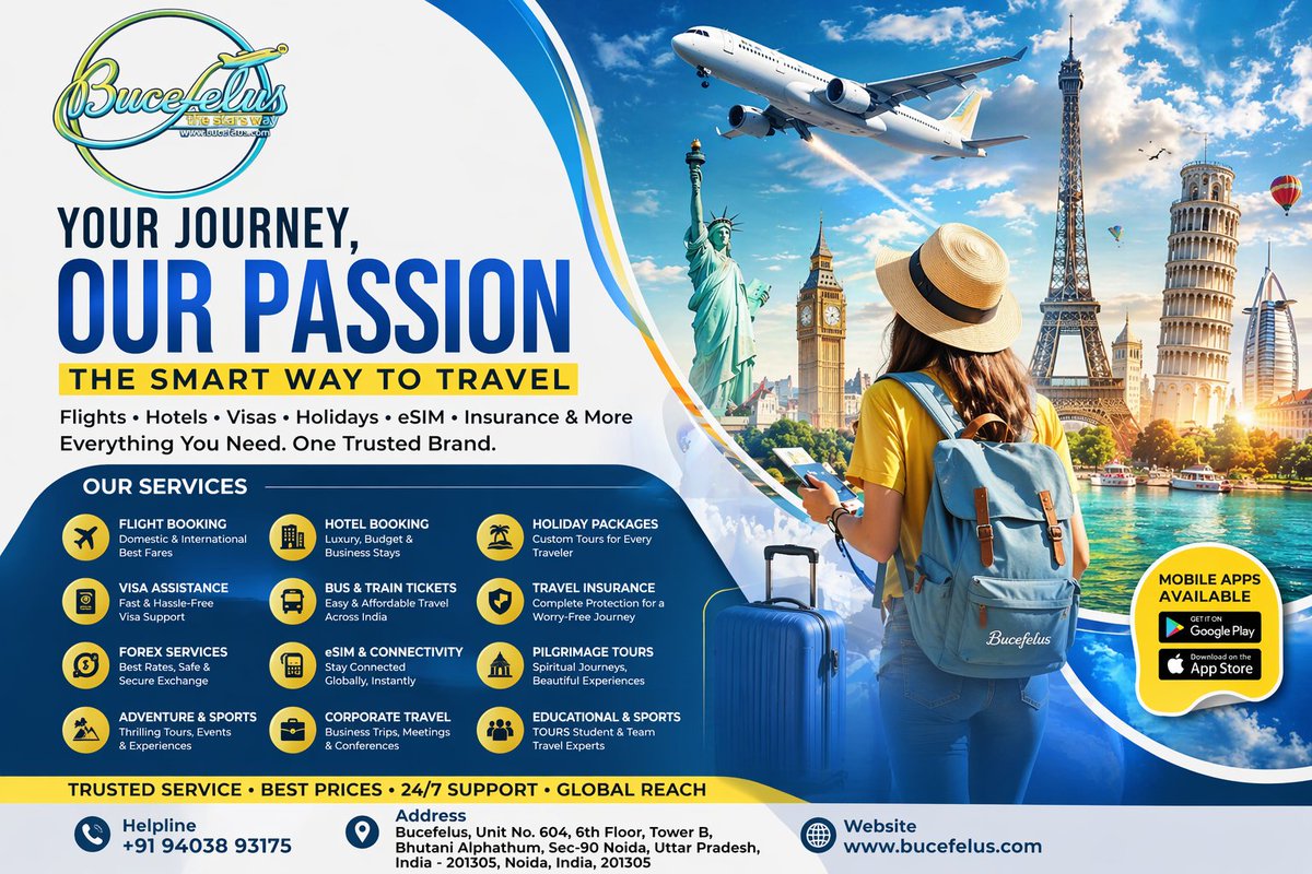 Bucefelus's tweet photo. ✈️🌍 *YOUR JOURNEY, OUR PASSION – Bucefelus*

Looking for a *trusted travel partner*?
Bucefelus brings you *complete travel solutions* – smart, simple & affordable!

🔥 *Our Services:*
✔️ Flight Booking (Domestic & International)
✔️ Hotel Booking (Luxury, Budget & Business)
✔️ Holiday Packages (India & Abroad)
✔️ Visa Assistance (Fast & Hassle-Free)
✔️ Bus & Train Tickets
✔️ Travel Insurance (Safe & Secure Trips)
✔️ Forex Services (Best Exchange Rates)
✔️ 🌐 eSIM – Stay Connected Globally Instantly
✔️ Pilgrimage Tours & Religious Travel
✔️ Adventure & Sports Tourism
✔️ Corporate & Business Travel
✔️ Educational & Group Tours

💼 *Why Choose Bucefelus?*
✅ Trusted Service
✅ Best Price Guarantee
✅ 24/7 Customer Support
✅ Global Travel Network

📱 *Book Anytime, Anywhere*
🌐 Website: (https://t.co/4bldqfg2Ip)
📞 Helpline: +91 94038 93175
📍 Noida, India

🚀 *Book Your Next Journey Today!*
Let Bucefelus take you anywhere in the world — safely, smartly & affordably.

#Bucefelus #TravelSmart #TravelAgenc