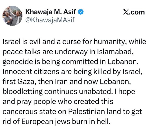 humeraslam's tweet photo. Poor timing, Khawaja Asif!
Coming from the Defence Minister of a country brokering high stakes peace talks between Iran and the US, this comes across as childish and irresponsible. If you cannot keep your emotions in check, you should not be holding such an important office. https://t.co/FjDbIikkSL