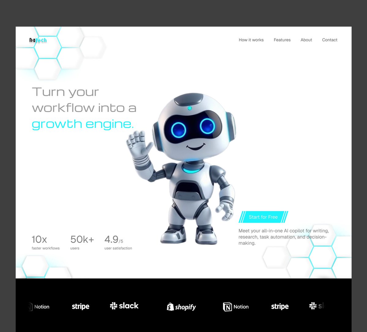 icyfrost_0x's tweet image. Hero section concept for an AI company 

What do you all think 🙂 

#uiux #webdesign #herosection #AI