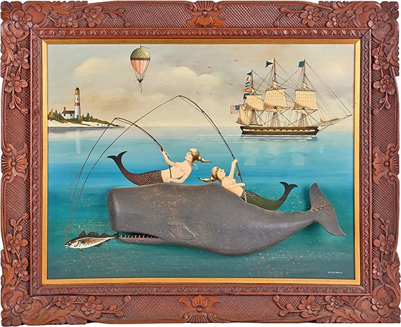 AntiqueDigest's tweet image. Ralph Cahoon’s painting of mermaids fishing atop an applied three-dimensional carved &amp;amp; painted whale by Clark Voorhees (1911-1980), oil on masonite work, 17½" x 23", brought $37,200 (e. $20,000/30,000) at John McInnis maineantiquedigest.com/stories/496000… #art #artist #antiques #whale #Cahoon