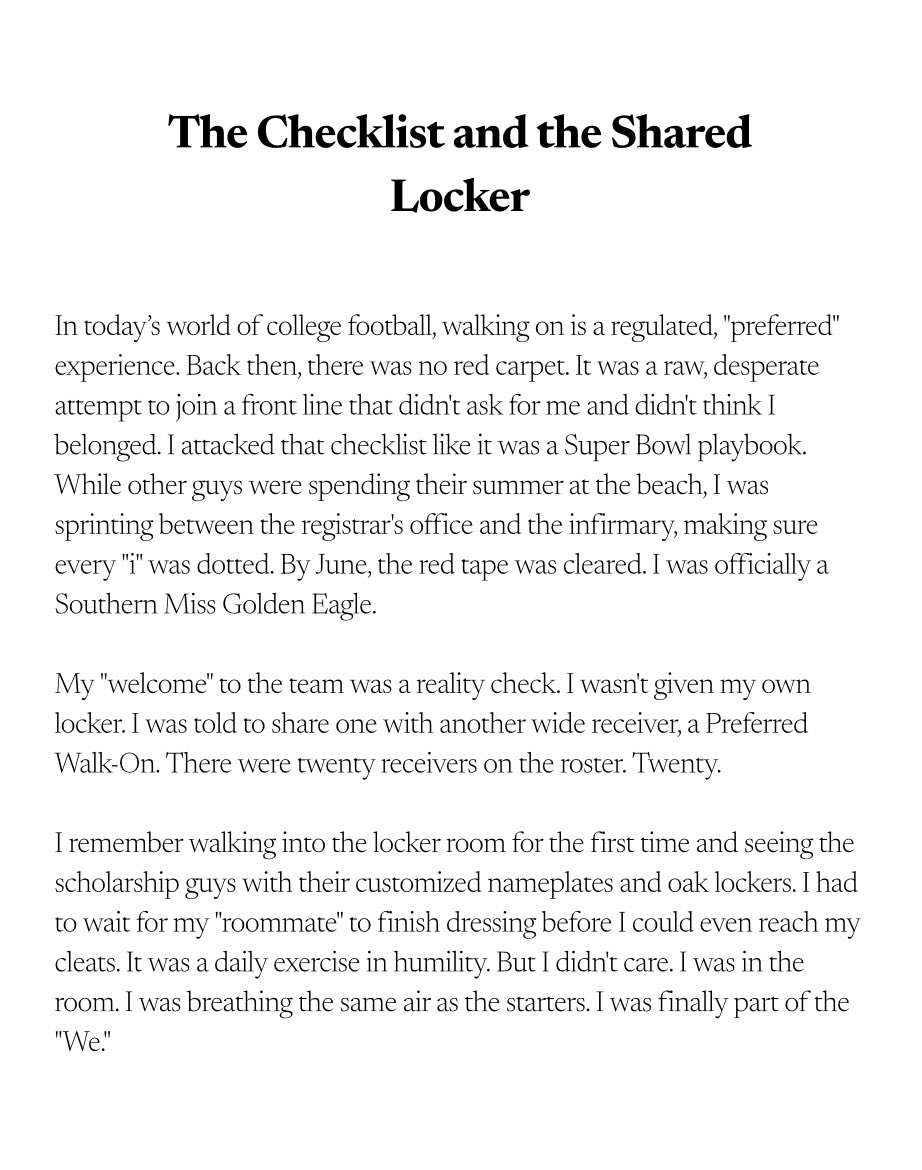 Coach_Llanos's tweet photo. Chapter 3: Hattiesburg &amp; The Bottom of the Depth Chart 📖

They told me I wouldn’t make it. They told me I was too small. They were right about my size, but they were dead wrong about my capacity for pain.

#TheWalkOnWay #SouthernMiss #EarnedInches #ChapterThree #Hattiesburg https://t.co/oJzgZ8YyVk