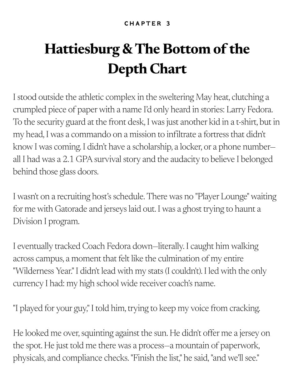 Coach_Llanos's tweet photo. Chapter 3: Hattiesburg &amp; The Bottom of the Depth Chart 📖

They told me I wouldn’t make it. They told me I was too small. They were right about my size, but they were dead wrong about my capacity for pain.

#TheWalkOnWay #SouthernMiss #EarnedInches #ChapterThree #Hattiesburg https://t.co/oJzgZ8YyVk