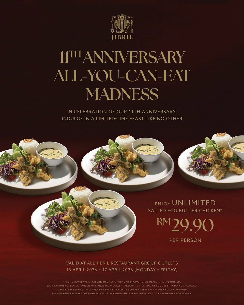 jibrilgroup's tweet photo. Come enjoy UNLIMITED servings of our BUTTER CHICKEN from 13th to 17th April 2026!

A decade plus one, and it's all thanks to you ❤️ https://t.co/By5doYmIKP