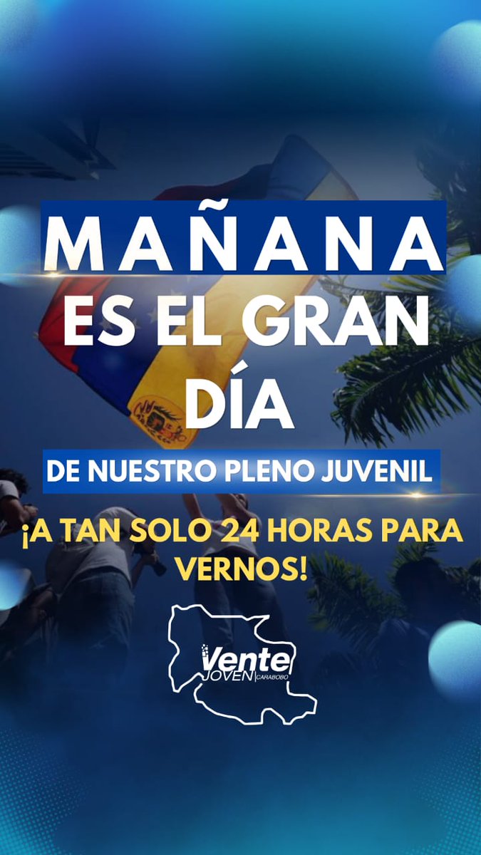 VJ_Carabobo's tweet image. ¡MAÑANA ES EL DÍA! 📢
Estamos a solo 24 horas de nuestro Pleno Juvenil en #Carabobo. La fuerza de los jóvenes es el motor de esta lucha.
¿Estás listo? ¡Te esperamos! 🇻🇪💪
#VenteJovenCarabobo #PlenoJuvenil