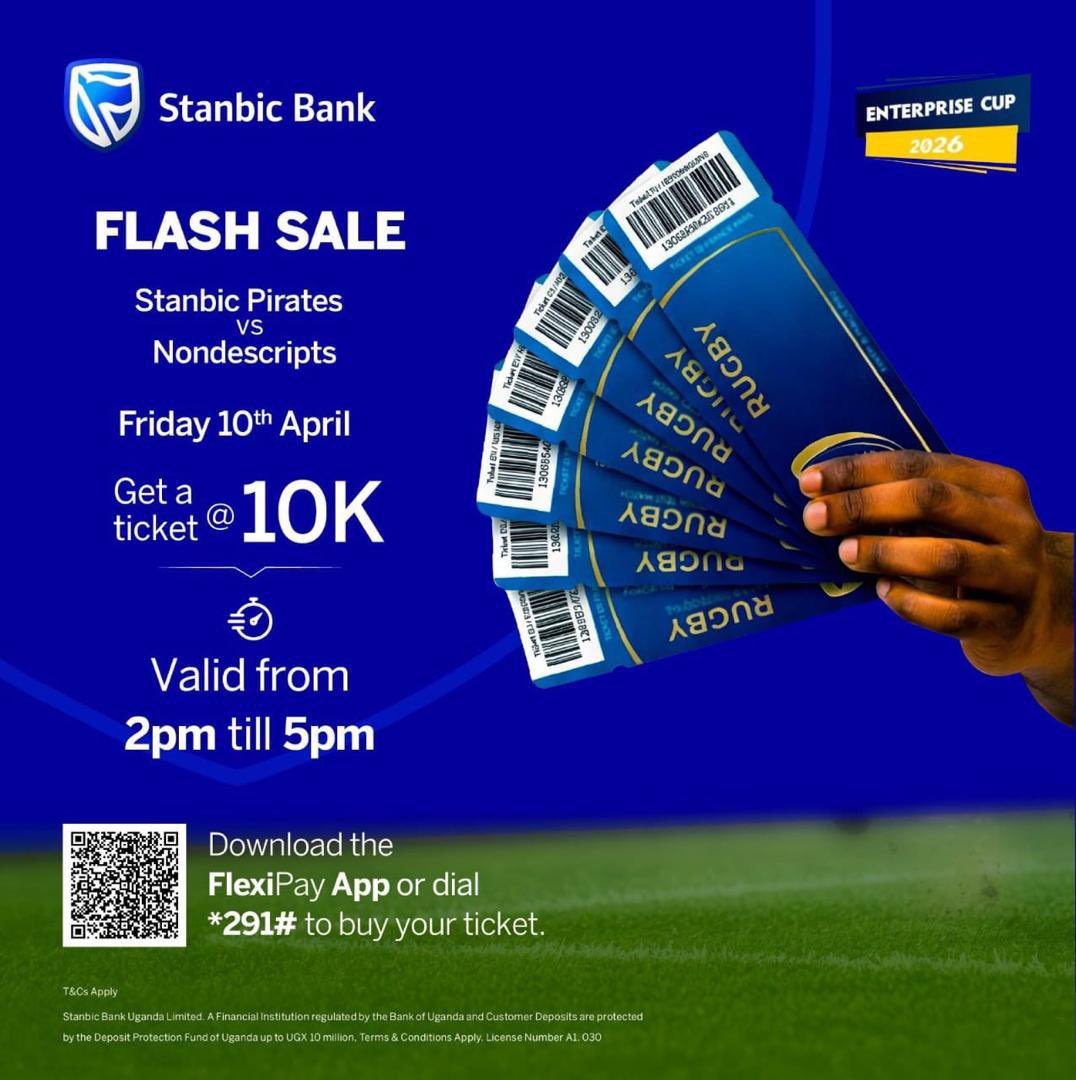 Owomunshozi's tweet photo. The @stanbicug #FlexiPay Flash sale is on &amp; comes with a whole 10k discount.

Grab your ticket now and join us tomorrow at @Kingsparkarena when @piratesrugbyUG take on the @Nondies .🔥🔥

#EnterpriseCup2026 https://t.co/OiNhV0vVEX