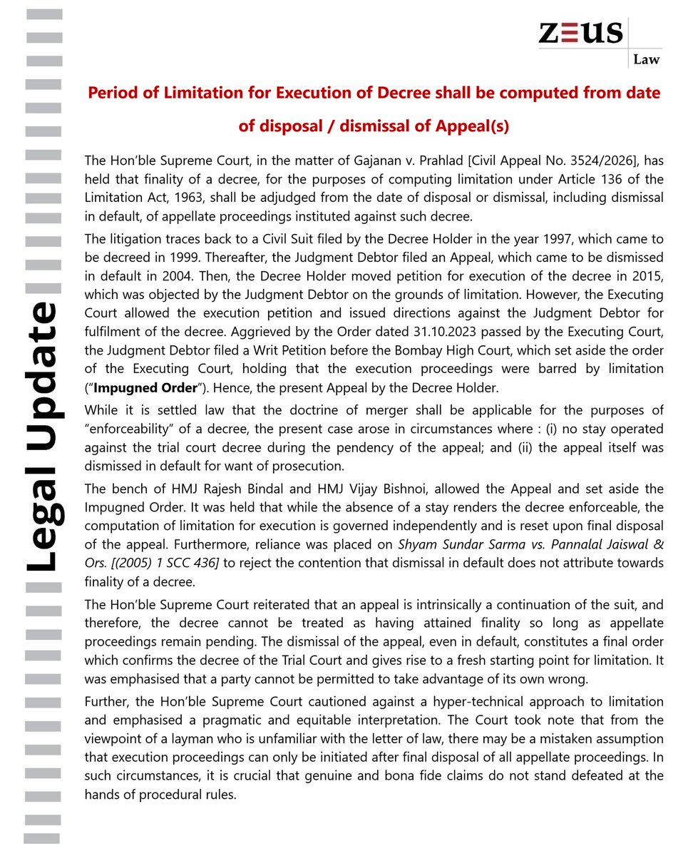 Legal Update: Limitation for execution begins not from decree, but from final disposal of appeal — even if dismissed in default.
#LimitationLaw #ExecutionOfDecree #Legalupdate #DoctrineOfMerger #CivilProcedure
#CPC #IndianLaw #LawOfLimitation #Appeal #FinalDisposal
