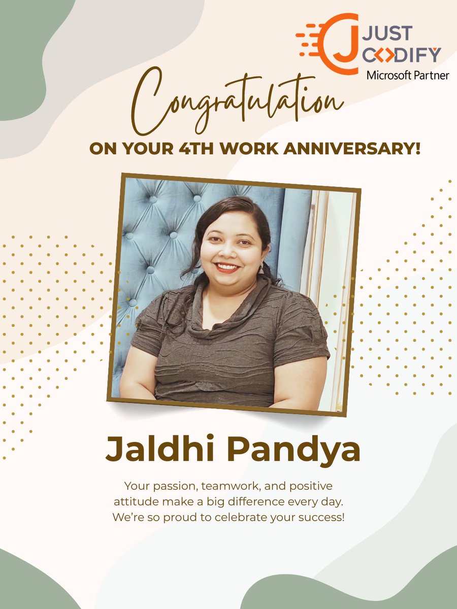 JustCodify's tweet photo. Celebrating your work anniversary 

Thank you for your dedication and contributions—you make a difference every day. Wishing you continued success ahead! 

#WorkAnniversary #Codify #TeamAppreciation #JustCodify https://t.co/EUt2jGPOt9