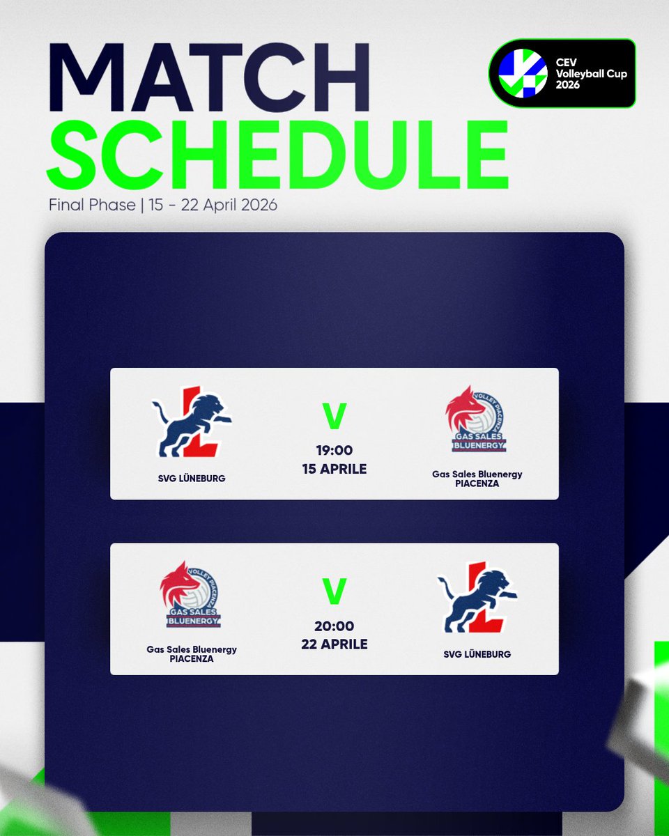 CEVolleyballITA's tweet photo. Sta per arrivare la finalissima di CEV Cup! 🏆
📅 Finale di andata: 15 aprile 2026
🕖 Ore 19:00
SVG Lüneburg 🆚@GasSalesVolley
📅 Finale di ritorno: 22 aprile 2026
🕗 Ore 20:00
@GasSalesVolley🆚 SVG Lüneburg
Forza! 🇮🇹
#CEVCup #CEV #Pallavolo #Volley https://t.co/fDfcJjS81Z